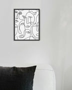 Abstract Face Pattern Wall Art Collage of Modern Faces Continuous Line Drawing 8x10 Inch Oak Wood Black Framed Artistic Aesthetic Print for Living Room