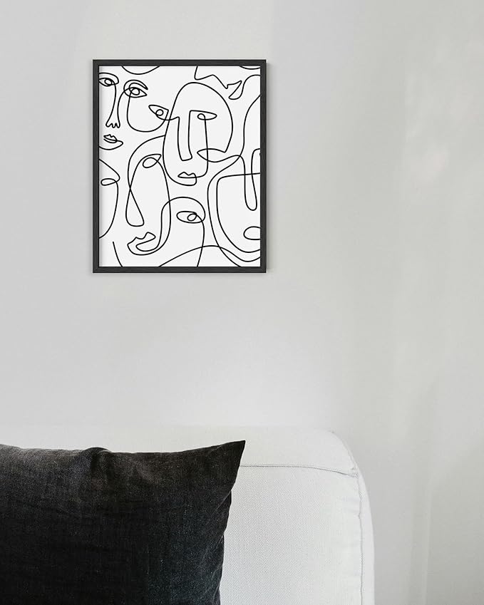 Abstract Face Pattern Wall Art Collage of Modern Faces Continuous Line Drawing 8x10 Inch Oak Wood Black Framed Artistic Aesthetic Print for Living Room