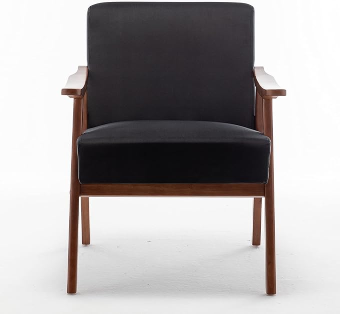 Accent Chair with Microfiber Upholstery and Solid Wood Frame, Classic Mid-Century Modern Living Room Furniture for Extra Seating, Black