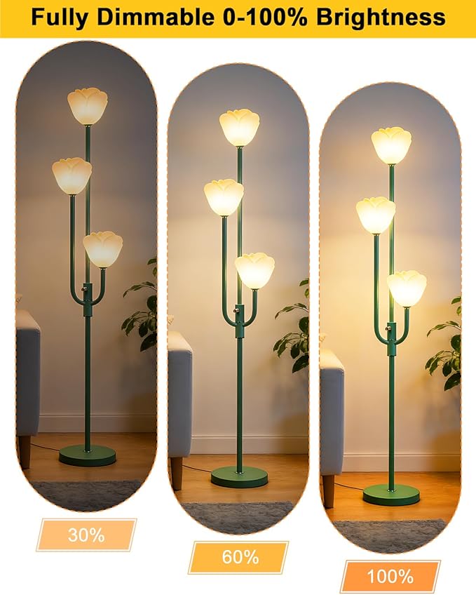 Lightdot 66IN Flower Floor Lamp 3-Lights Vintage Floor Lamps with 3000K Bulbs Included for Wedding Party Modern Dimmable Green Standing Tall Lamp for Living Room/Bedroom/Sofa Beside/Corner Decor
