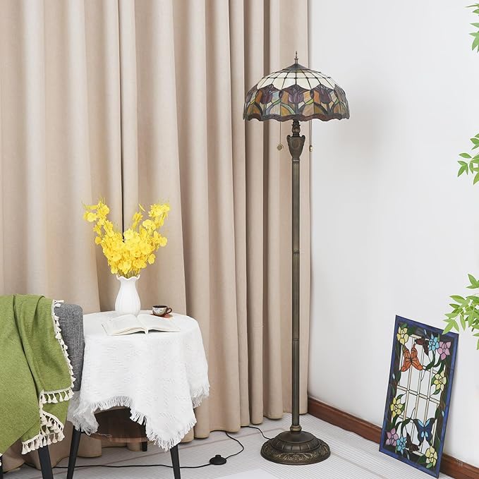 Tiffany Floor Lamp Red Tulip Style Stained Glass Standing Reading Light 16X16X64 Inches Antique Unique Pole Corner Tall Decor Lamp for Bedroom Living Room Home Office