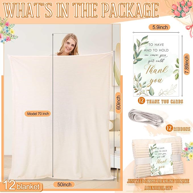 Buryeah 12 Pcs Wedding Flannel Fleece Throw Blanket Bulk with Thank You Card and Ribbon, 50 x 60 in Oeko-TEX Standard 100 Certified Blankets Outdoor Wedding, Guest Party Souvenirs (Ivory)