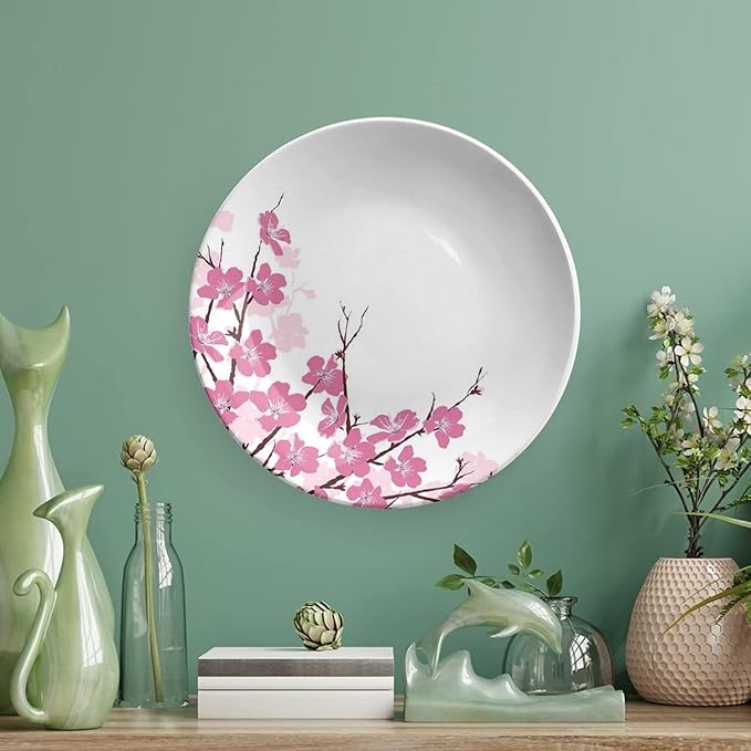 Ceramic Display Plate, Asian Decor Ceramic Hanging Decorative Plate, Japanese Cherry Blossoms with Branches Spring Time, 6 Inch, Household Custom Ceramic Plate, Pink White