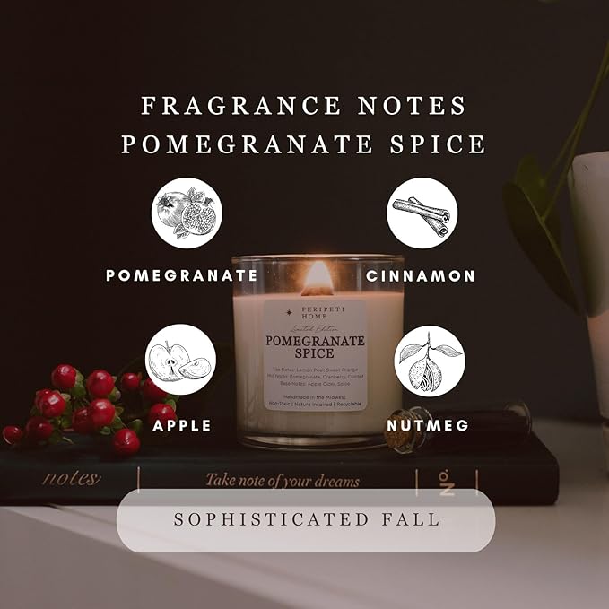 PERIPETI Home Pomegranate Spice Scented Candle, Classic Wick – 8.5oz Natural Soy Wax for Energizing Aromatherapy, Long-Lasting Burn