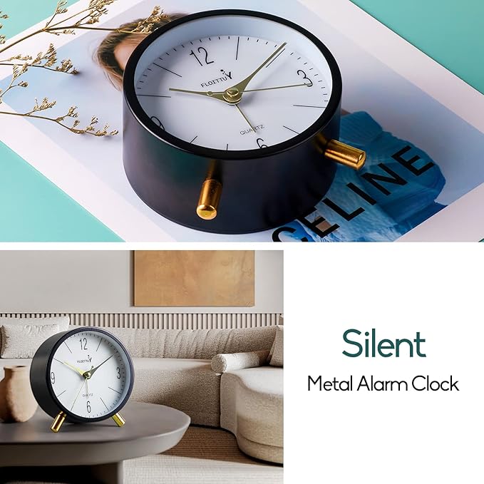 4 inches Super Silent Alarm Clock, Classic Black Beep Wake Round Alarm Clock with Night Light,Battery Operated,Easy Set Entry Lux Stylefor Desk, Bedroom and Home Decoration