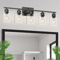 Modern 5 Light Bathroom Vanity Light, 31 inch Black Bathroom Lights Fixtures, Vanity Lights with Clear Glass for Mirror Kitchen Living Room Hallway Cabinet Porch