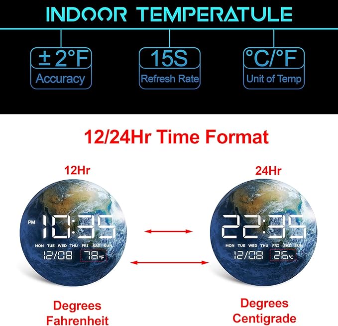 Digital Wall Clock, LED Moon/Earth Design, Temperature Display, 7.87 x 7.87 inches (Earth, 7.87 INCH)