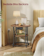 VASAGLE 21.7-Inch Round Side Table, 2-Tier End Table with Power Outlets, Nightstand with Steel Frame, Spacious Top, for Small Spaces, Living Room, Bedroom, Honey Brown and Ink Black ULET077K02
