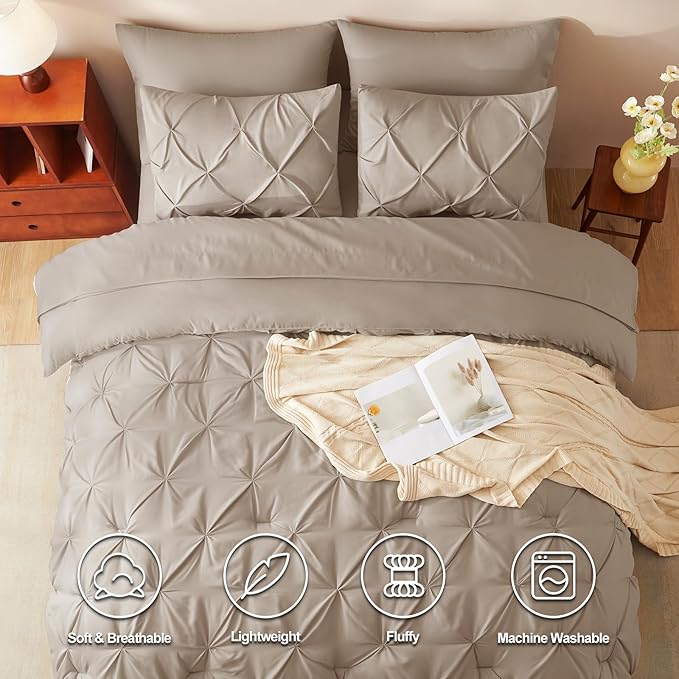 CozyLux Full Size Comforter Sets Khaki, 7 Pieces Pintuck Bed in A Bag Khaki Comforter Full Size, Pinch Pleat Bedding Sets with All Season Comforter, Sheets, Pillowcases & Shams