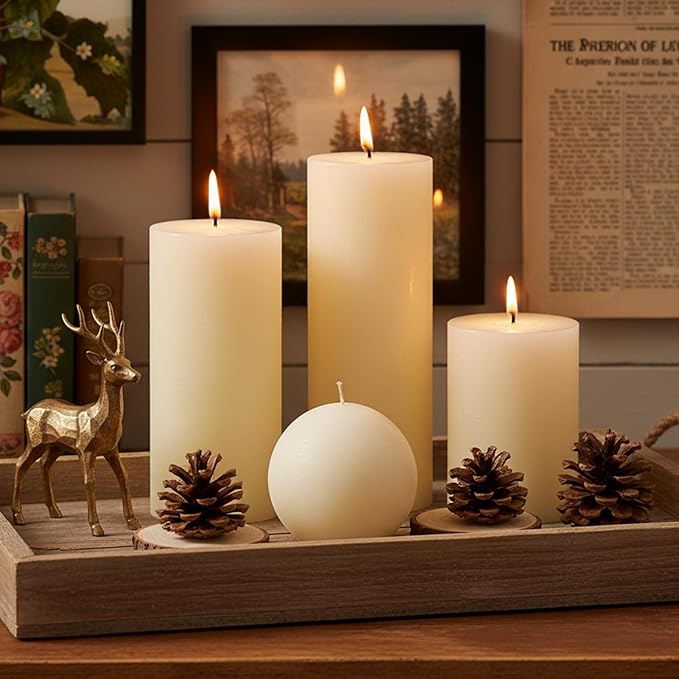 Ivory Rustic Textured Pillar Candles Set - 4 Pcs Assorted Sizes Unscented Pillar Candle, Decorative Farmhouse Candles for Home Centerpiece Decor, Holiday Dinner Table, Dripless & Smokeless