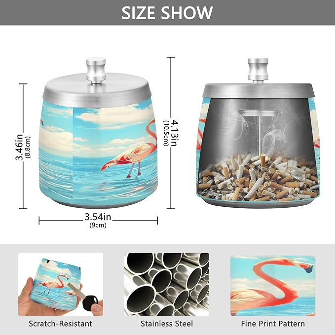 Flamingos Ocean Ashtray with Lid, Outdoor Ashtrays for Patio, Stainless Steel Ashtray Odorless Smokeless for Home Office Balcony