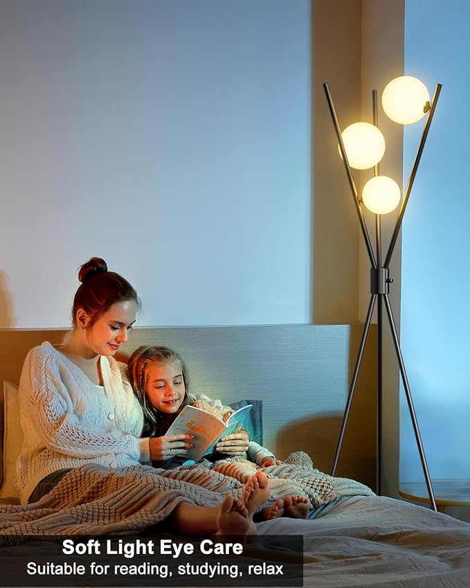 Lightdot 60IN Dimmable Black Tripod Floor Lamp Mid Century Standing Lamps with 3Pcs 3000K Bulbs Included Globe Eye Care&Stable Base Modern Tall Lamp for Living Room/Bedroom/Sofa Beside/Corner Decor