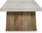 Signature Design by Ashley Brendalhouse Casual Coffee Table with Faux Cement Top, Bottom Shelf and Casters, Light Brown & White