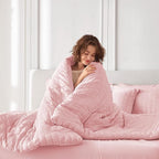 MUXHOMO 5 Pieces Twin Comforter Set, Seersucker Bed in a Bag Twin Size, All Season Luxury Bedding Set with Comforter, Flat Sheet, Fitted Sheet, Pillowcase & Sham, Pink