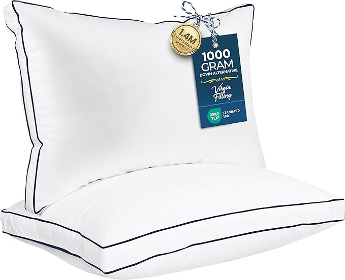 Utopia Bedding Bed Pillows for Sleeping Queen Size (Navy/White), Set of 2, Cooling Hotel Quality, Gusseted Pillow for Back, Stomach or Side Sleepers
