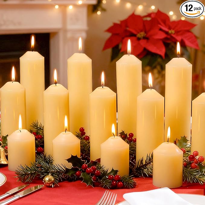 12 Pcs Ivory White Pillar Candles Bulk,2x3 2x6 2x8 Inch-4 Each Size,Large Christmas Pillar Candles Set of 3,Unscented Dripless Smokeless Hurricane Candles for Wedding Engagement Party Ceremony
