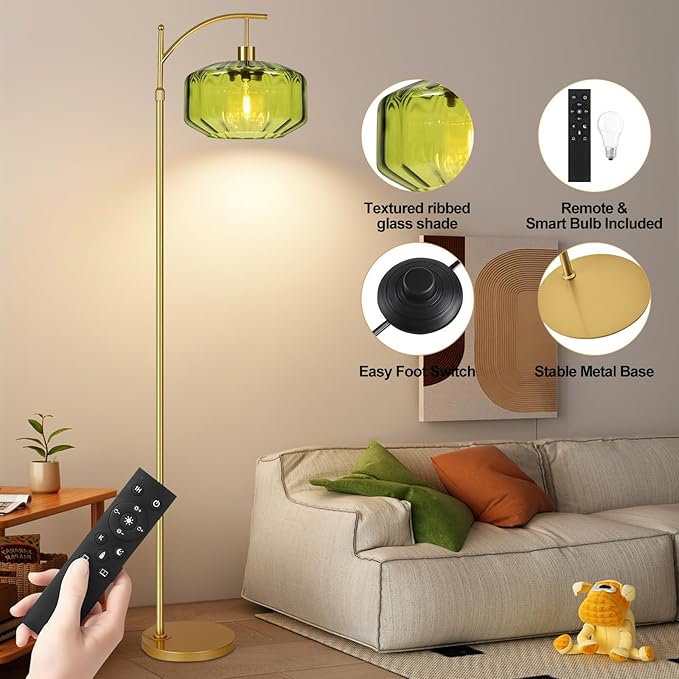 Gold Floor Lamps for Living Room Bedroom,Glass Floor Lamp with Remote Control & Green Lampshade,Arc Dimmable Floor Lamp Mid Century Modern Standing Lamp Vintage Tall Floor Lamps for Bedroom Corner