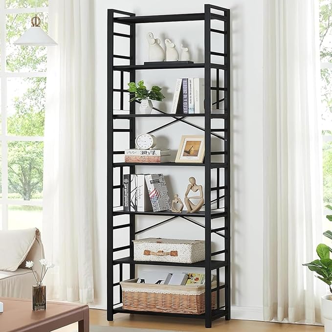 HOMBAZAAR 7 Tier Bookshelf,84 inch Tall Industrial Bookcase with Metal Frame and Open Shelves,Rustic Heavy Duty 7 Shelf Bookcase, Office Book Shelves for Living Room and Bedroom,Black