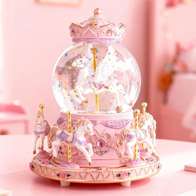 Music Box Unicorn Carousel Horses Snow Globe Gifts, Birthday Gift for Daughter Girls Women, Musical Carousel for Wife Friend Sister Anniversary Christmas Play You are My Sunshine