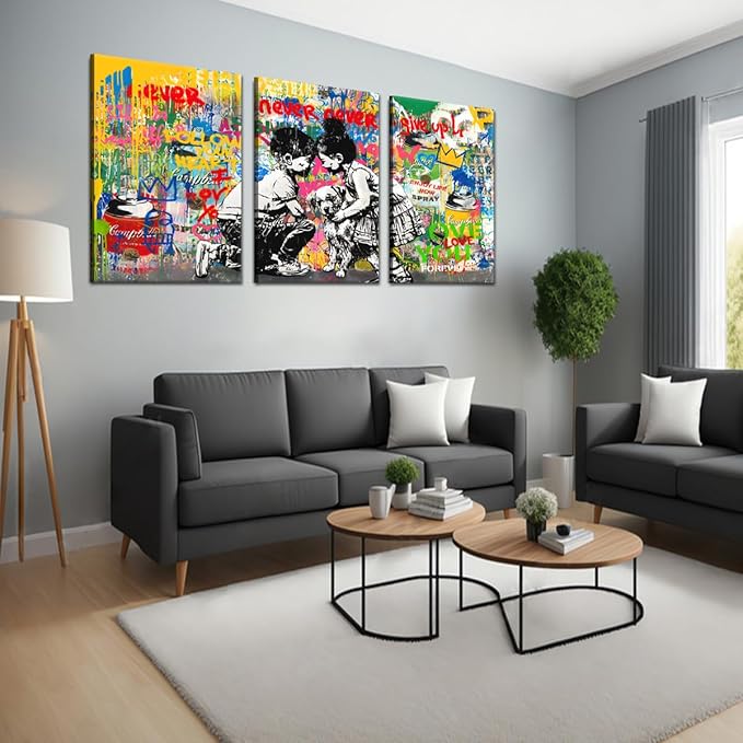 Novatique Banksy Canvas Wall Art Graffiti Pictures Wall Decor Abstract Boy and Girl Street Art Canvas Painting Home Decor Graffiti Art Oil Painting for Living Room Bedroom, 24”x 36”x 3Pcs