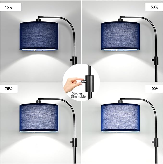 【Upgraded】 Dimmable Matte Black Floor Lamp, 1202 Lumens LED Bulb Included, Arc Floor Lamps for Living Room Modern Standing Lamp with Blue Shade, Tall Lamp for Living Room Bedroom Office Reading Room