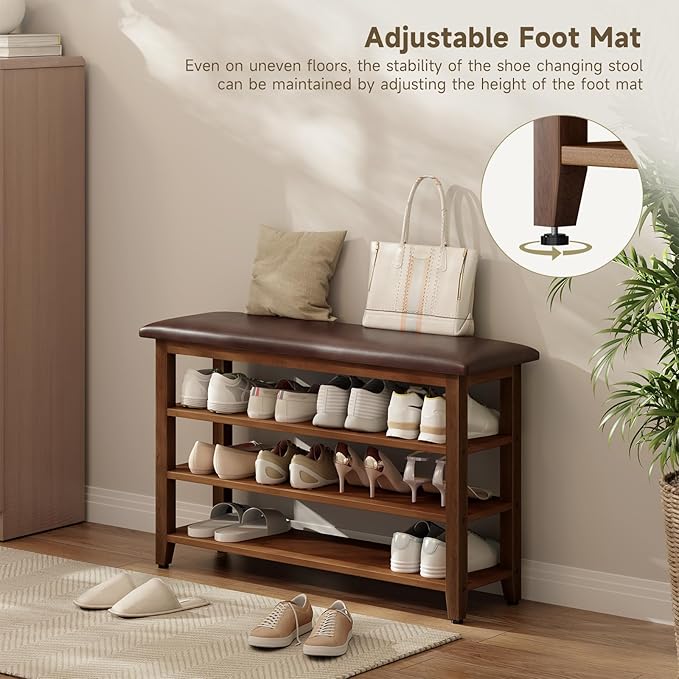 Shoe Bench with Leather Cushion,Wood Bench with Shoe Rack,3-Tier Shoe Storage Organizer for Entryway,Hallway,Living Room (Brown, 3-Tier-39.4")