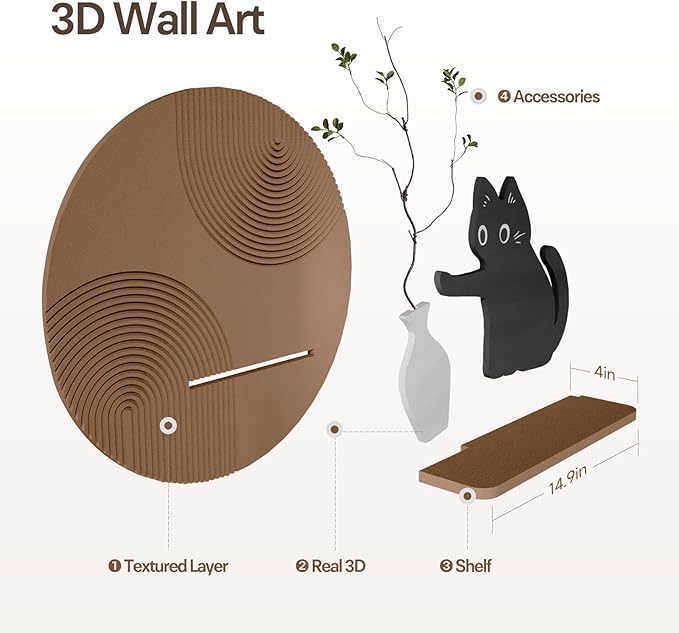 Troartos 3D Textured Round Abstract Wall Art for Living Room, Modern Brown Black and White Cat Design With Shelf, Minimalist Geometric Wall Decor for Hallway, Dining Room, Bedroom, Office, 24x24 Inch