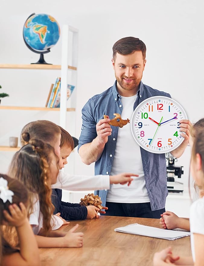 Silent Kids Wall Clock – Non-Ticking, Battery-Powered, Ideal for Teaching Time and Stylish Décor in Any Room - 12 Inch