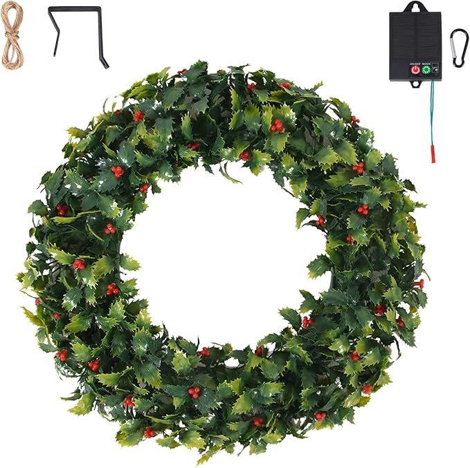 Solar Spring Wreath for Front Door Pre-lit 16inch 30LED Wreaths Spring Summer Decor for Outside Aftificial Holly Wreaths Home Decorations Wreath for Wall Festival Decor