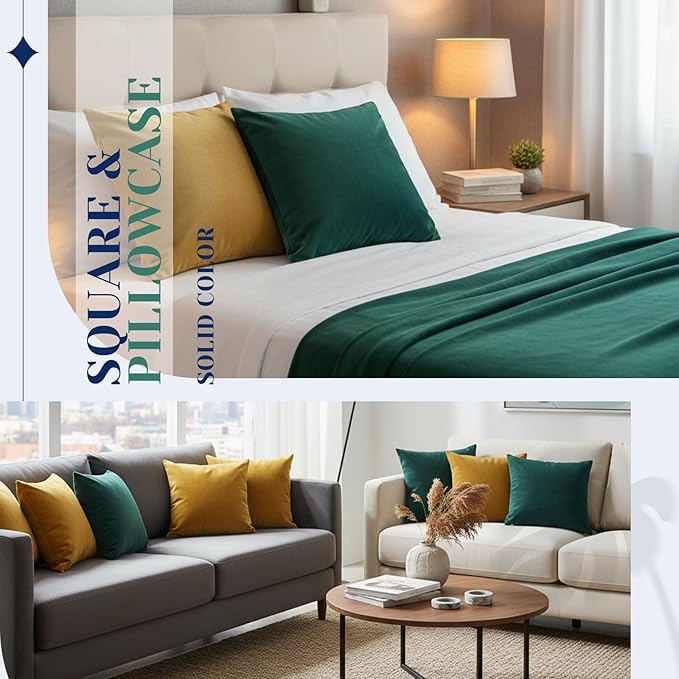Pack of 6 Decorative Velvet Throw Pillow Covers Solid Square Soft Pillowcase Set Cushion Cases for Sofa Couch Bed Car Christmas Fall Home Decor 18 x 18 inch(Gold and Green)