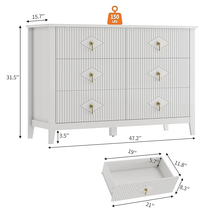 GarveeHome Fluted Dresser for Bedroom, 47.2 Inch Wide 6-Drawer Wood Dresser, Modern Chest of Drawers, Storage Organizer Cabinet for Living Room, Hallway, Entryway, White