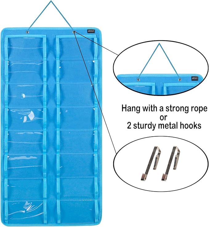 AROUY Sunglasses Organizer Storage, Hanging Dust Proof Wall Pocket Glasses Organizer - 16 Felt Slots Sunglass Organizers Holder with Metal Hook and Sturdy Rope (Dust Proof, Light Blue)