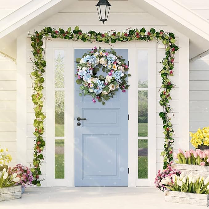 24 Inch Spring Wreaths for Front Door, Spring Wreath,Blue Hydrangea Wreath,Large Spring Summer Door Wreaths for Front Door Outside All Season Home Decor (Blue)