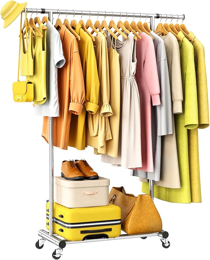 Clothes Rack for Hanging Clothes, 100% Stainless Steel Clothes Garment, Portable Sturdy Clothes Rack, Extendable Rolling Garment Rack with Wheels, Freestanding Laundry Room Bedroom Dress Shirt Jacket