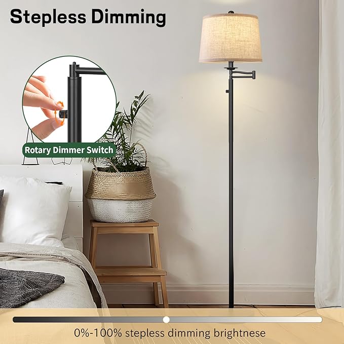 Dimmer LED Floor Lamp,Tall Standing Lamp with Swing Arm,Black Lamp with Dimmer LED Bulb,Elegant Floor Lamp for Living Rooms & Bedroom (Black)