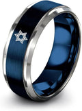 Mezuzah star Of David Ring - Gift for Jewish Family - Flat Dome Bevel - 8mm - Men Women - Yellow Gold Black Silver Blue - Anniversary Wedding - Personalized Custom Engraving - Band - Brushed Polished