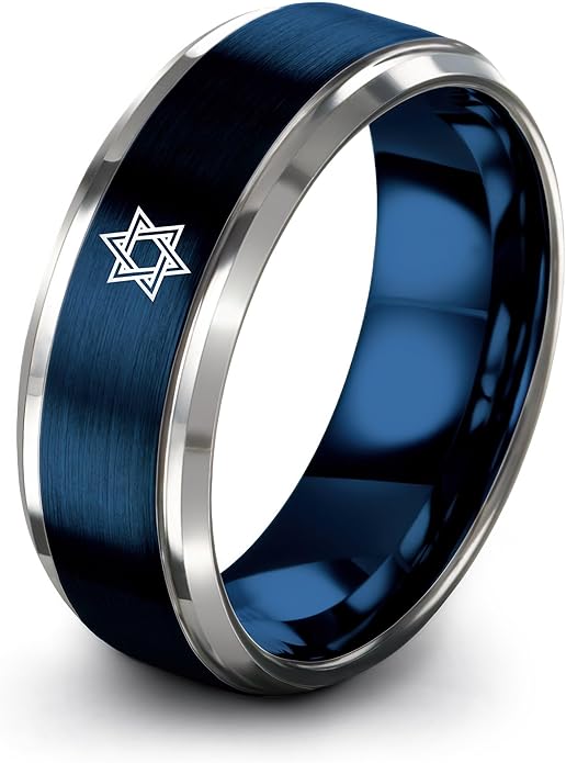 Mezuzah star Of David Ring - Gift for Jewish Family - Flat Dome Bevel - 8mm - Men Women - Yellow Gold Black Silver Blue - Anniversary Wedding - Personalized Custom Engraving - Band - Brushed Polished