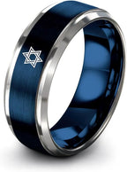 Mezuzah star Of David Ring - Gift for Jewish Family - Flat Dome Bevel - 8mm - Men Women - Yellow Gold Black Silver Blue - Anniversary Wedding - Personalized Custom Engraving - Band - Brushed Polished