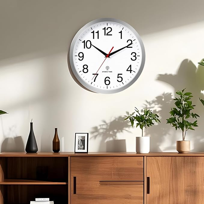 Atomic Wall Clock Modern 14 Inch Battery Operated Analog Clock Decorative for Bedroom Kitchen Bathroom Office Home Living Room (Silver)