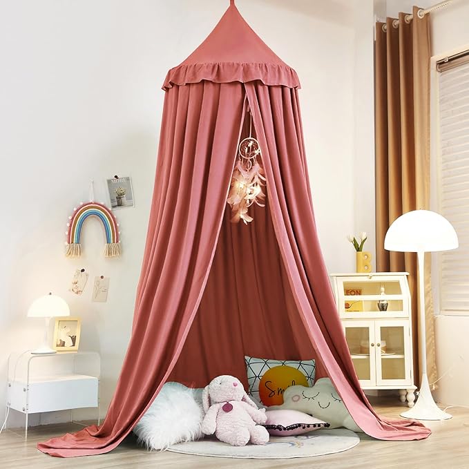 Kertnic Decor Canopy for Kids Bed, Soft Smooth Playing Tent Canopy Girls Room Decoration Princess Castle, Dreamy Mosquito Net Bedding, Children Reading Nook Canopies in Home (Red Bean Color)