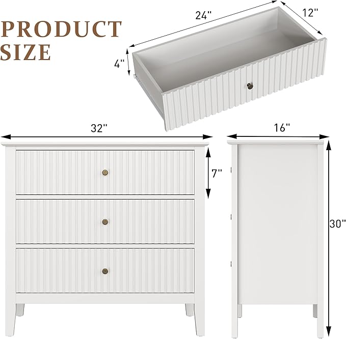 White Large 3 Drawer Dresser Set of 2, Painted 30 Inch Tall Wood Nightstand with Storage, Wide Modern Chest of Drawers with Ball Bearing Slide for Bedroom Hallway Living Room Entryway