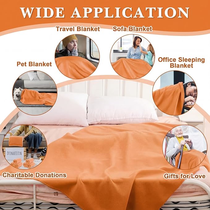 Newwiee 12 Pcs Fleece Throw Blankets Bulk 50'' x 60'' Oeko-tex Standard 100 Certified Spring Outdoor Wedding Guest Blankets Lightweight for Sleepover Donation Lap Pet Sofa Home (Orange)