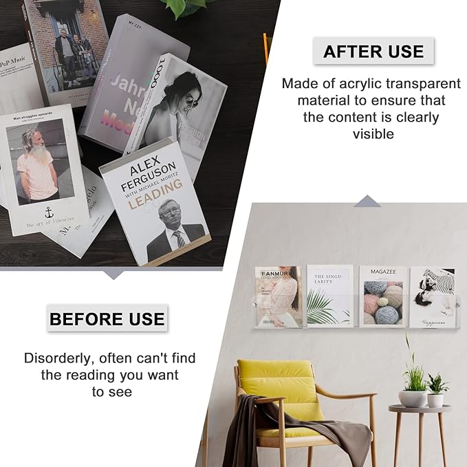 Magazine Holder,Clear Acrylic Wall Mounted Shelf for Waiting Room, Living Room, Office, Home Decor Display (24inch-pack 2)
