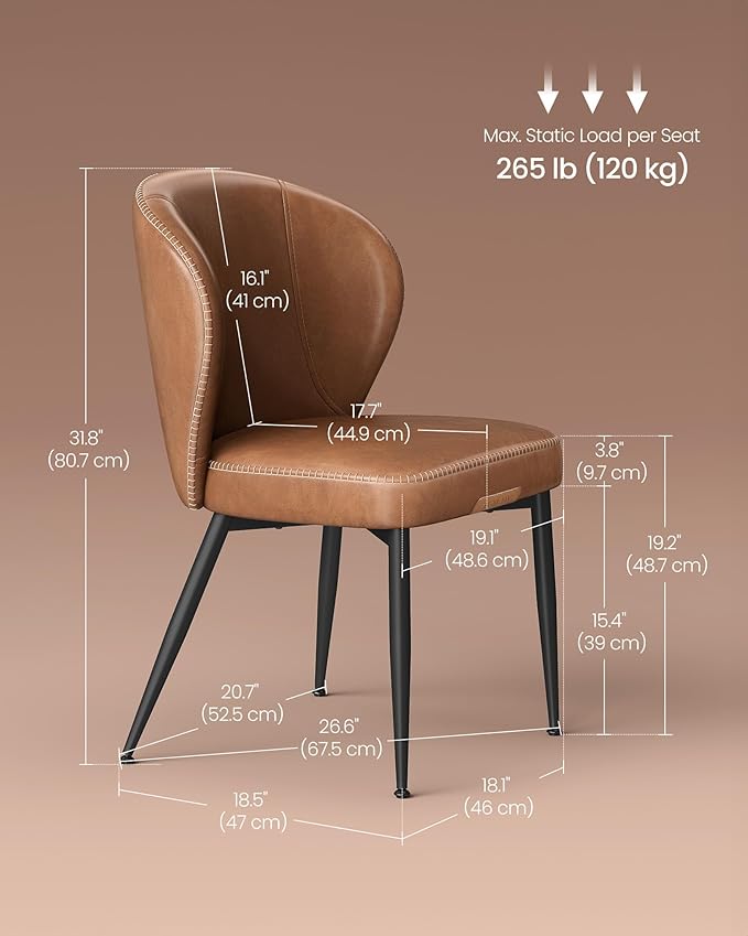 VASAGLE EKHO Collection - Dining Chairs Set of 6, Upholstered Kitchen Chairs, Comfortable Seat, Synthetic Leather with Stitching, Mid-Century Modern, Easy Assembly, Living Room Lounge, Caramel Brown