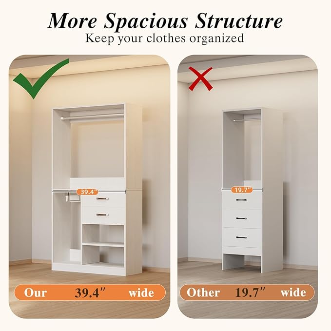 Flrrtenv Closet System, 6.8-9.8Ft Closet Organizer with 2 Wooden Drawers and Pull-out Pants Organizer Rod, Walk-in Wood Closet Organizer Wardrobe Clothes Rack with 3 Hanging Rods, White&Oak