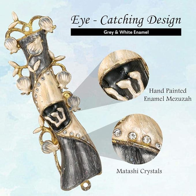 Matashi Hand Painted Mezuzah Gold Plated and Crystals (Grey & White Enamel)