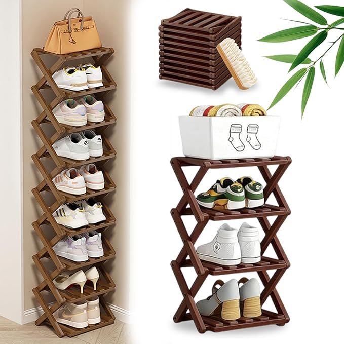 DDRIC 9-Tier No-Assembly Bamboo Rack, 2026 Upgraded Foldable Corner Shoe Rack, Space-Saving Organizer for Shoes, No-Tool Narrow Shelf for Entryway Closet Dorm (Brown,4-Tier)