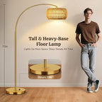 Gold Floor Lamps for Living Room, Arc Floor Lamp with Remote & Dimmable Bulb, Boho Standing lamp with 3 Color Temperatures, Adjustable Rattan & Fabric Shades Tall Lamp, Over Couch Reading Lamp