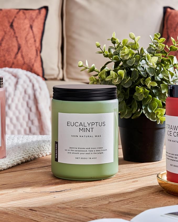 M&SENSE Eucalyptus & Mint Candles Home Scented, Natural Non Toxic Soy Candle, 19.4oz 110H Long Lasting Aromatherapy Candle for Stress Relief, Meditation, Spa, Relaxing Gifts for Men Women