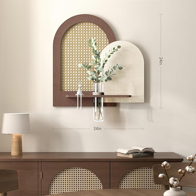 Troartos 3D Textured Boho Neutral Wall Art Decor With Shelf, Modern Beige and Brown Artwork for Walls With Green Accent, Minimalist Wall Decor for Living Room, Hallway, Kitchen, Bedroom, Office 24x24